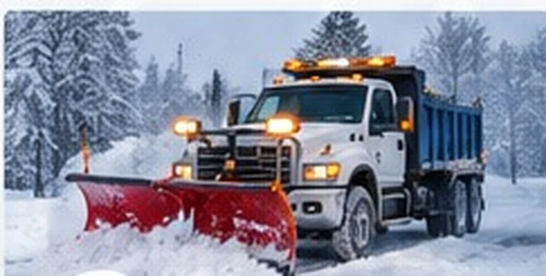 Commercial snowplow clearing a forest road during a snowstorm